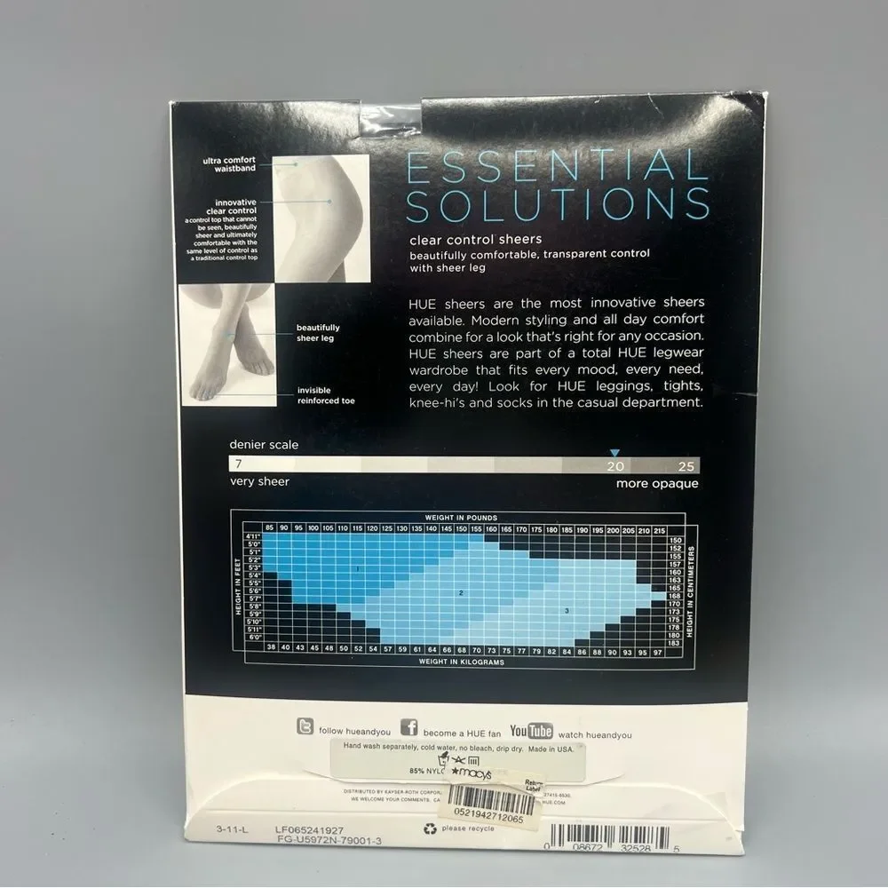 HUE Essential Solutions Age Defiance Sheer Control Top Pantyhose Hosiery Black